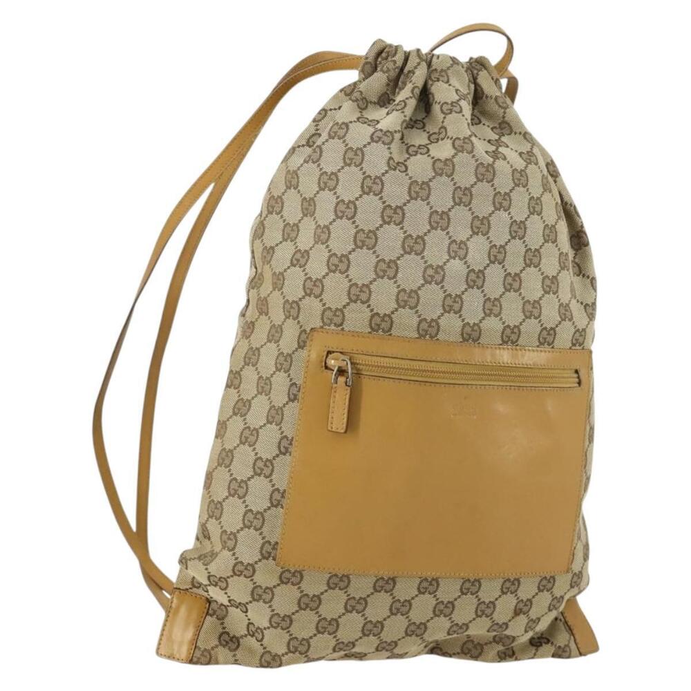 Gucci Beige GG Canvas Drawstring Backpack with Tan Leather Trim